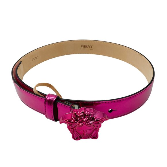 Versace 2022 Tropical Pink / Palladium Hardware Medusa Buckle Metallic Calf Leat